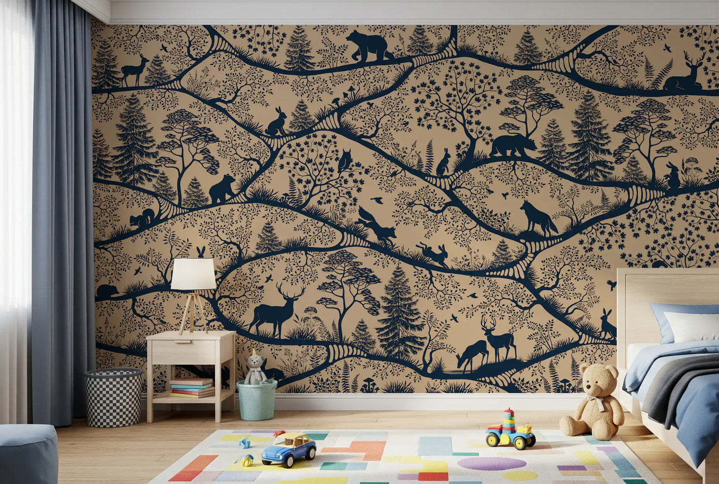 Scandinavian woodland wall mural beige blue deer trees bedroom style