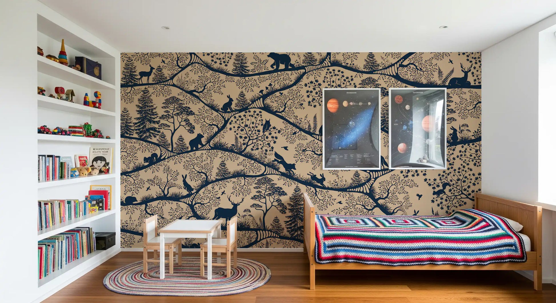 Forest animal wall mural beige blue Nordic wildlife pattern design