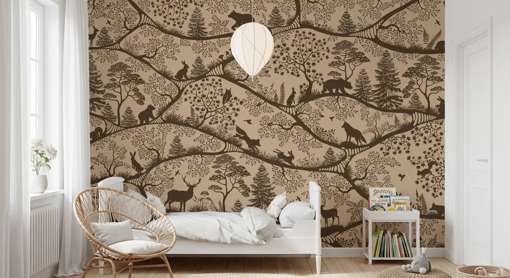 Earth tone forest animals wall mural beige brown Nordic pattern