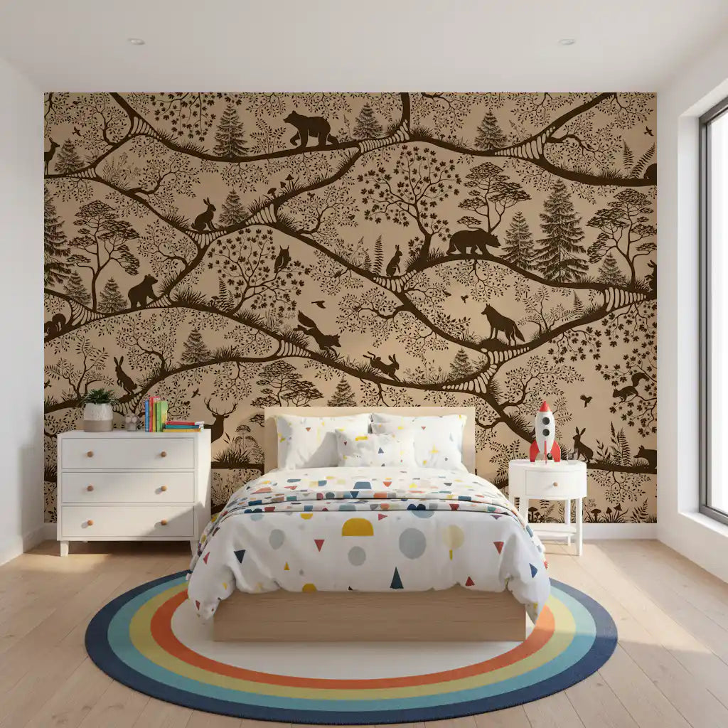 Beige brown Nordic forest wall mural wildlife scene bedroom interior