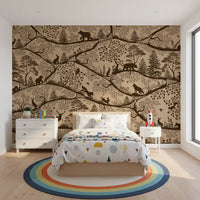 Beige brown Nordic forest wall mural wildlife scene bedroom interior