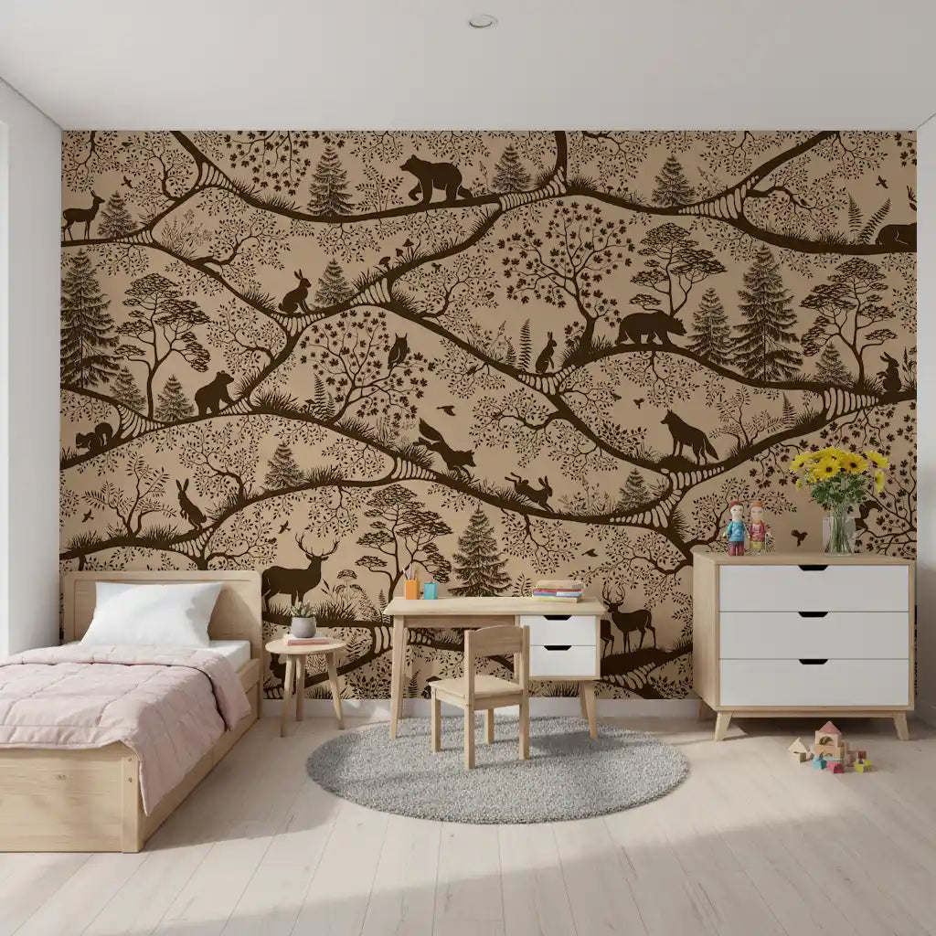 Scandinavian nature wall mural deer fox trees beige brown tones