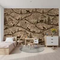 Scandinavian nature wall mural deer fox trees beige brown tones