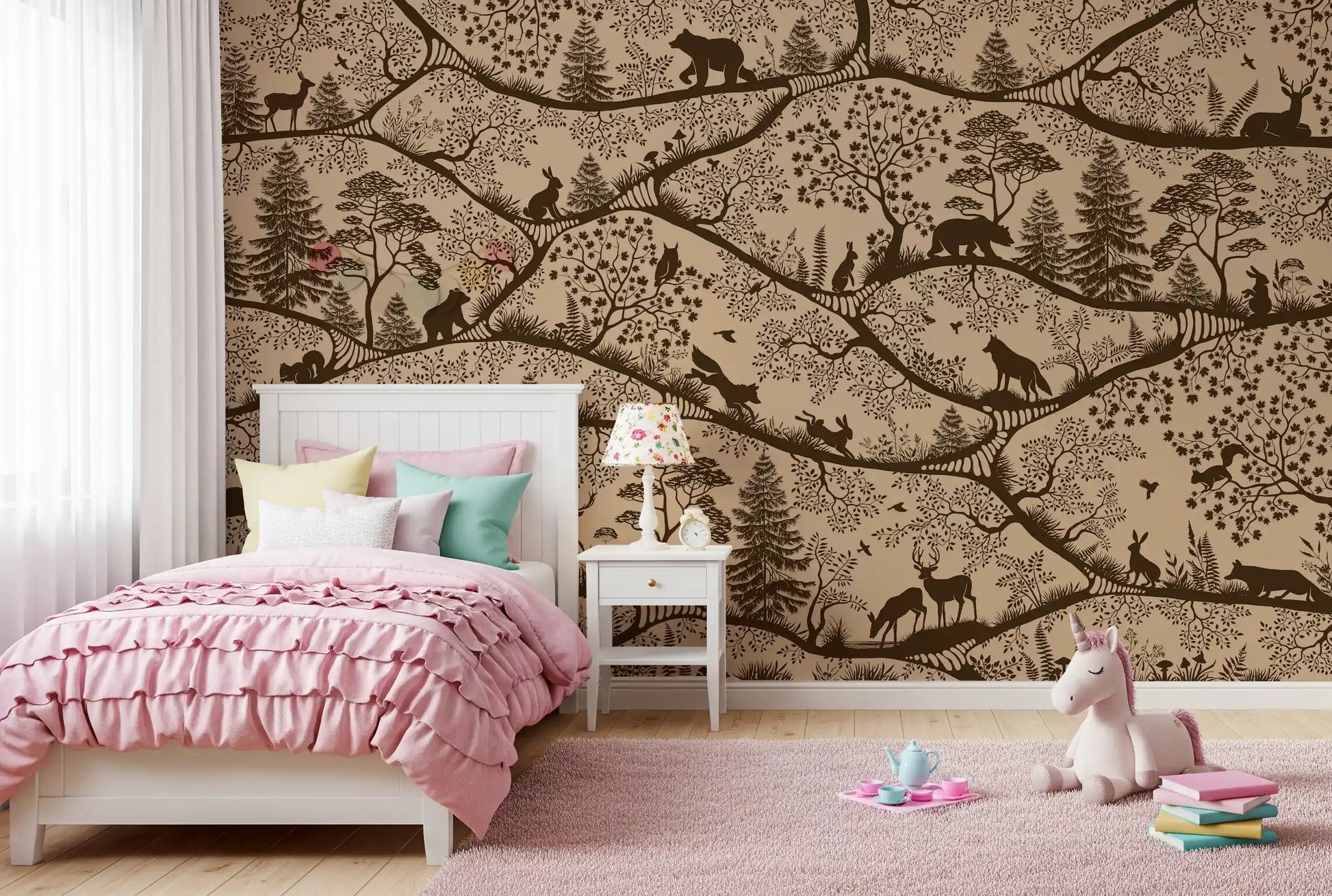 Nordic Nature Beige Brown wall mural forest animals toddler bedroom decor