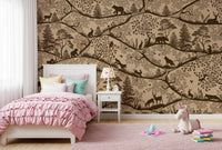 Nordic Nature Beige Brown wall mural forest animals toddler bedroom decor