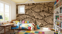 Beige brown forest pattern wall mural Scandinavian animal artwork