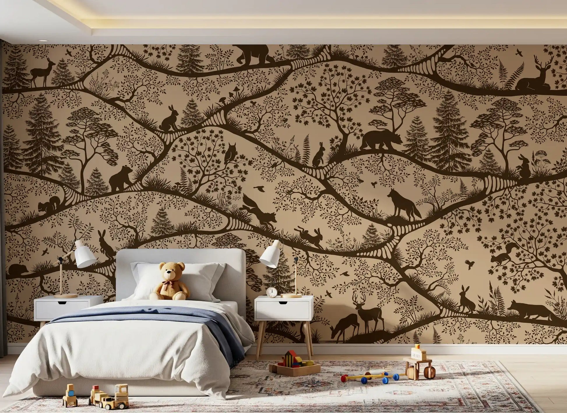 Minimal Scandinavian forest wall mural beige brown wildlife design