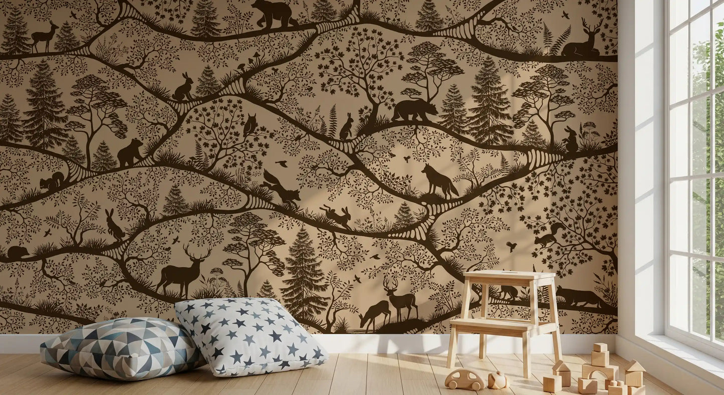 Scandinavian woodland wall mural beige brown deer trees play room style