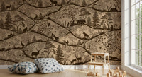 Scandinavian woodland wall mural beige brown deer trees play room style