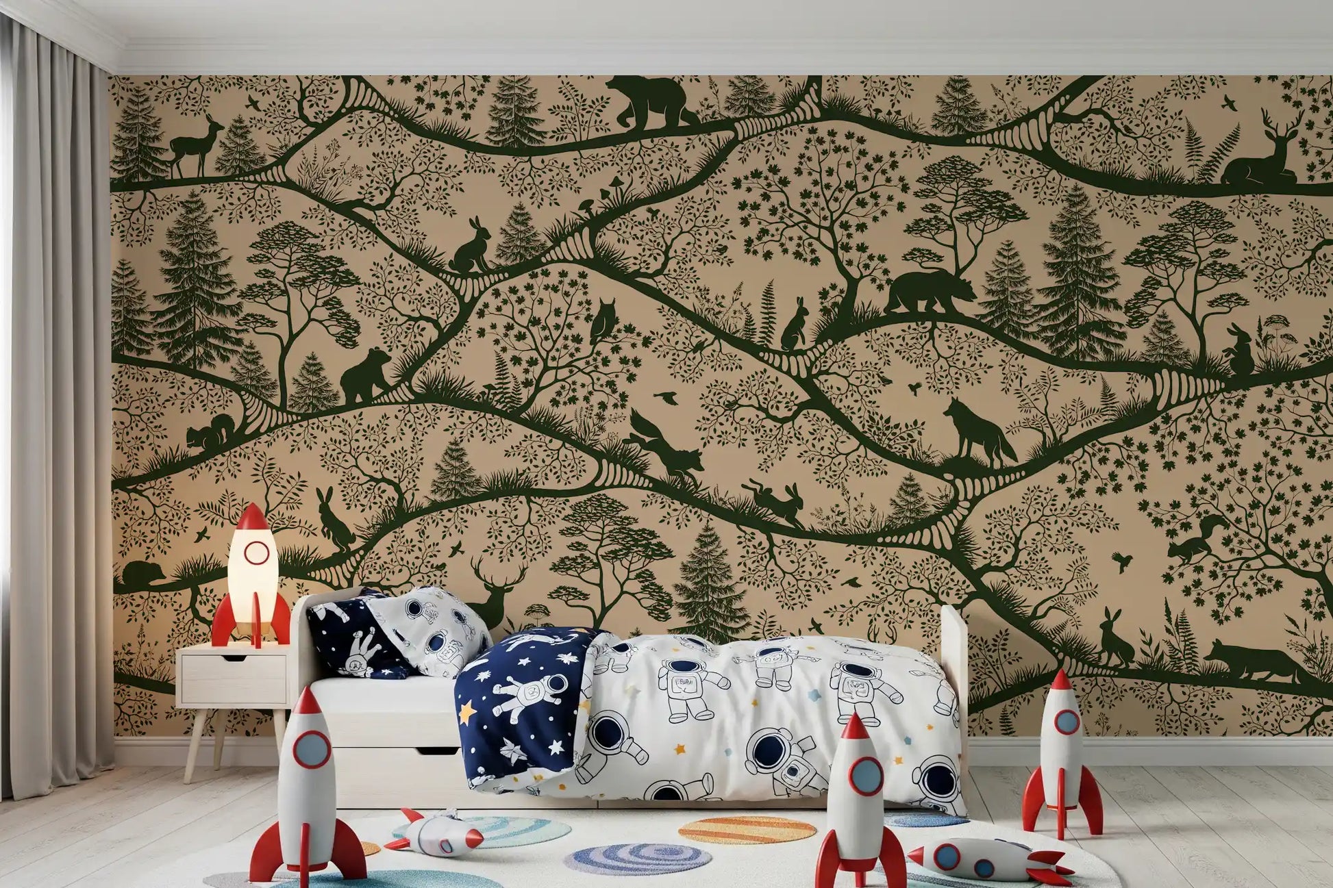 Nordic Nature wall mural woodland animals trees beige green theme