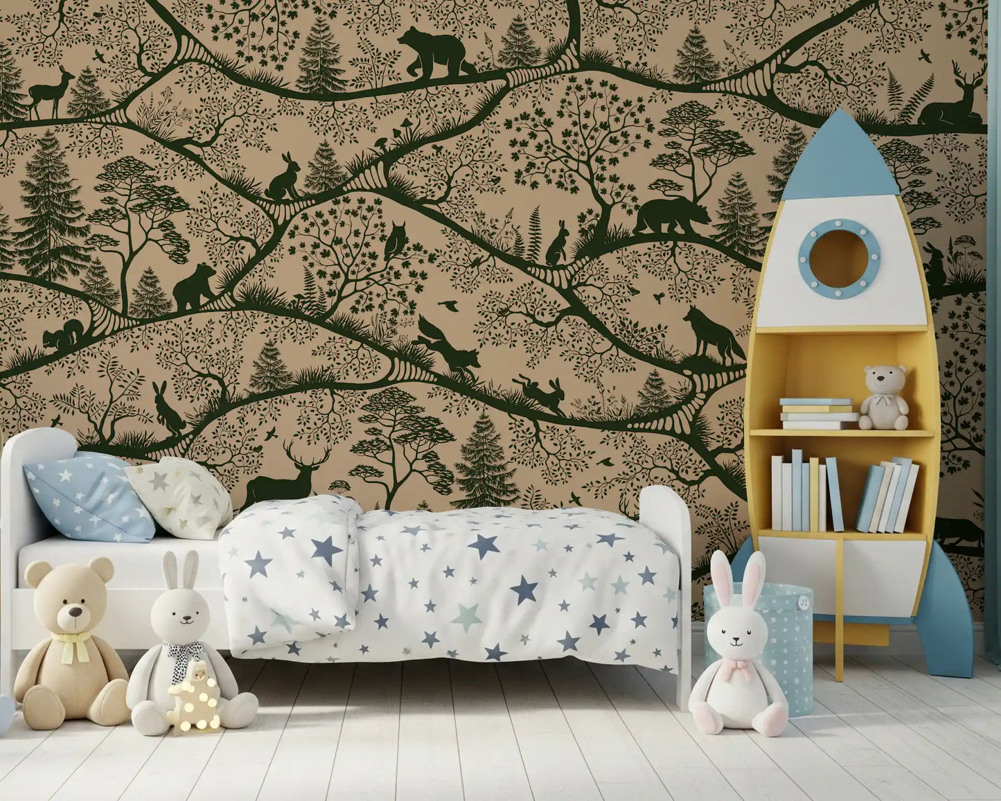 Nordic Nature Beige Green wall mural rabbits trees kids room design