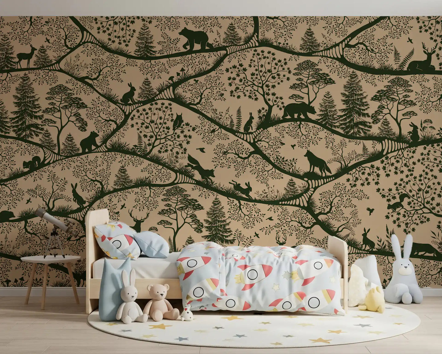 Scandinavian nature wall mural deer fox trees beige green tones