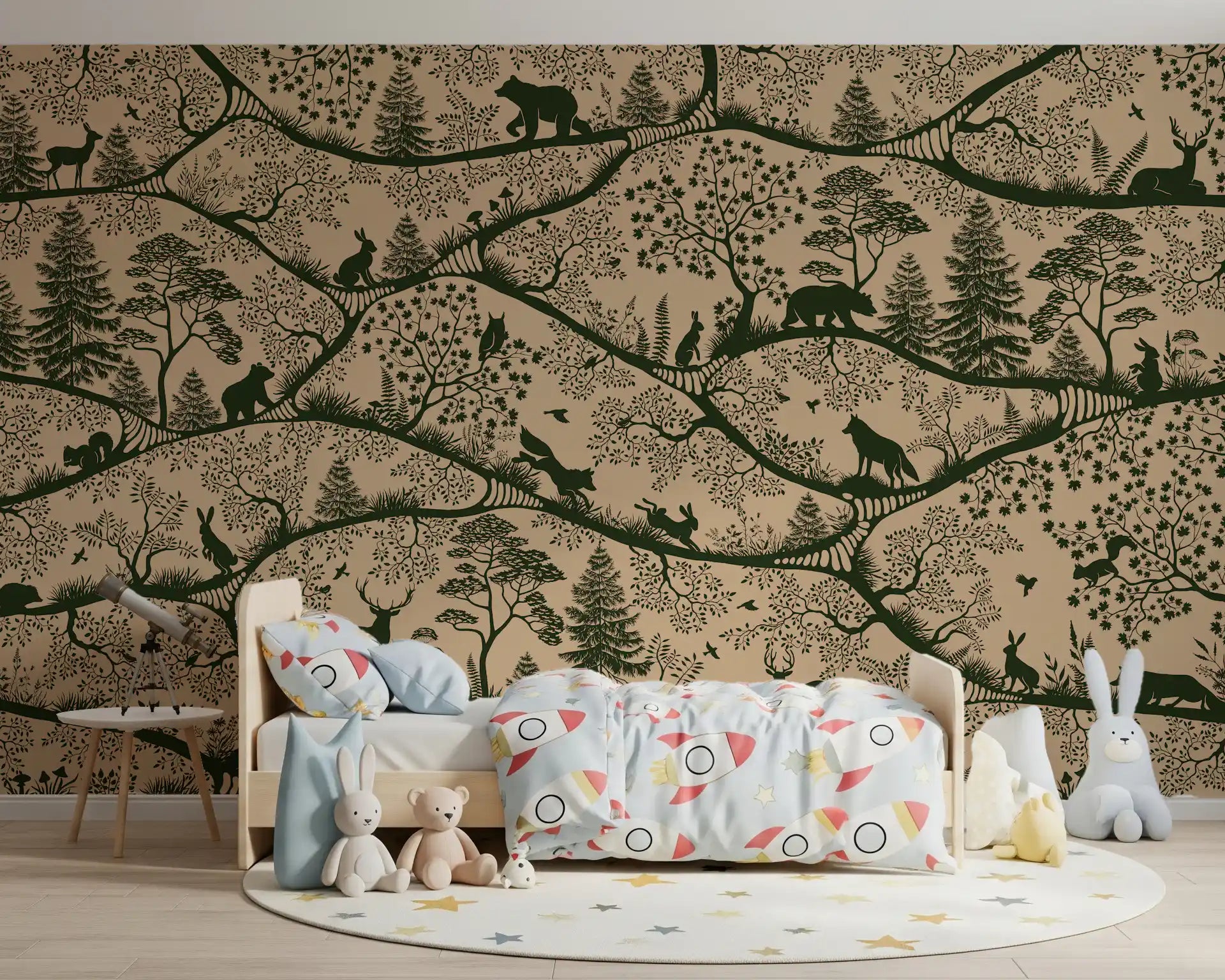 Scandinavian nature wall mural deer fox trees beige green tones