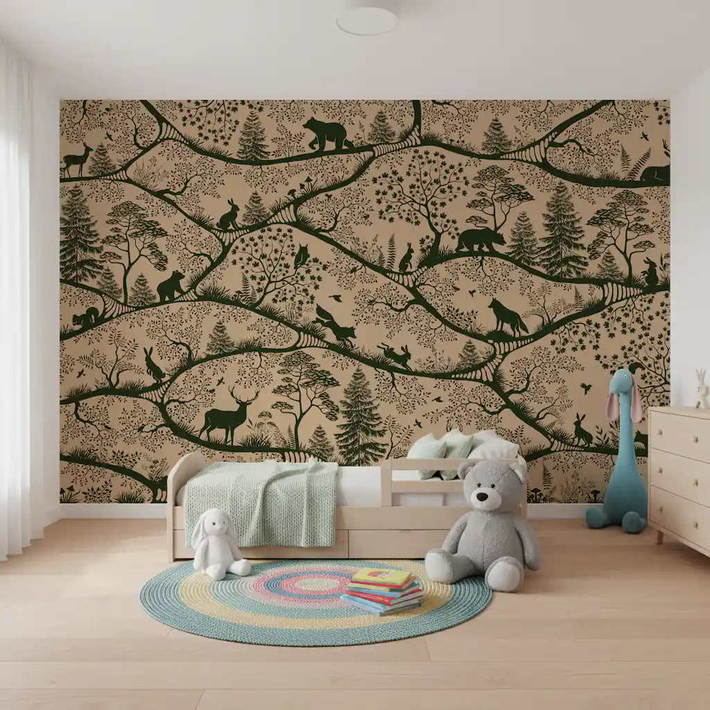 Beige green forest pattern wall mural Scandinavian wildlife artwork