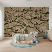 Beige green forest pattern wall mural Scandinavian wildlife artwork