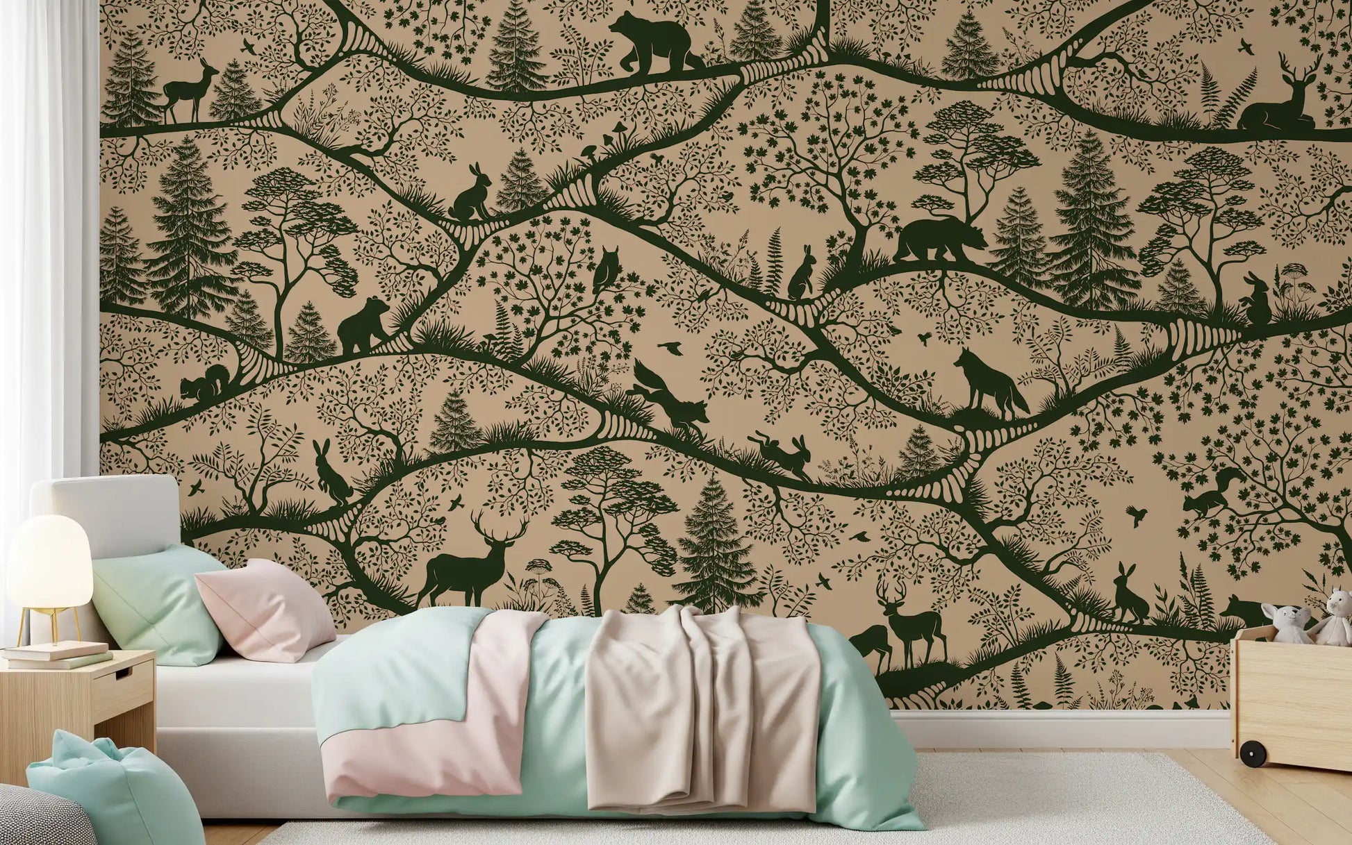Minimal Scandinavian forest wall mural beige green wildlife design