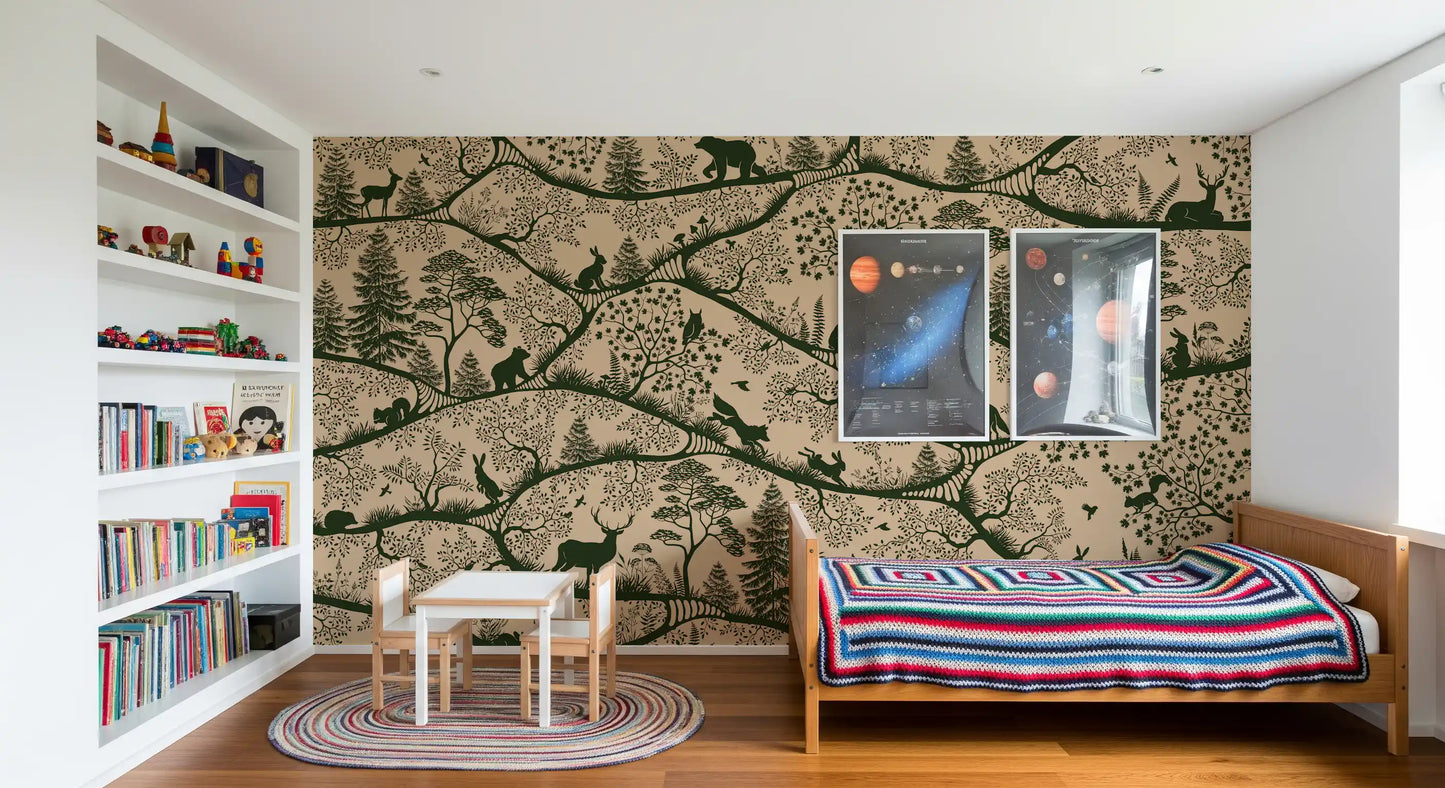 Nordic Nature Beige Green wall mural forest animals boys room decor