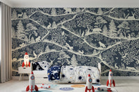 Nordic woodland wall mural deer fox trees blue white design