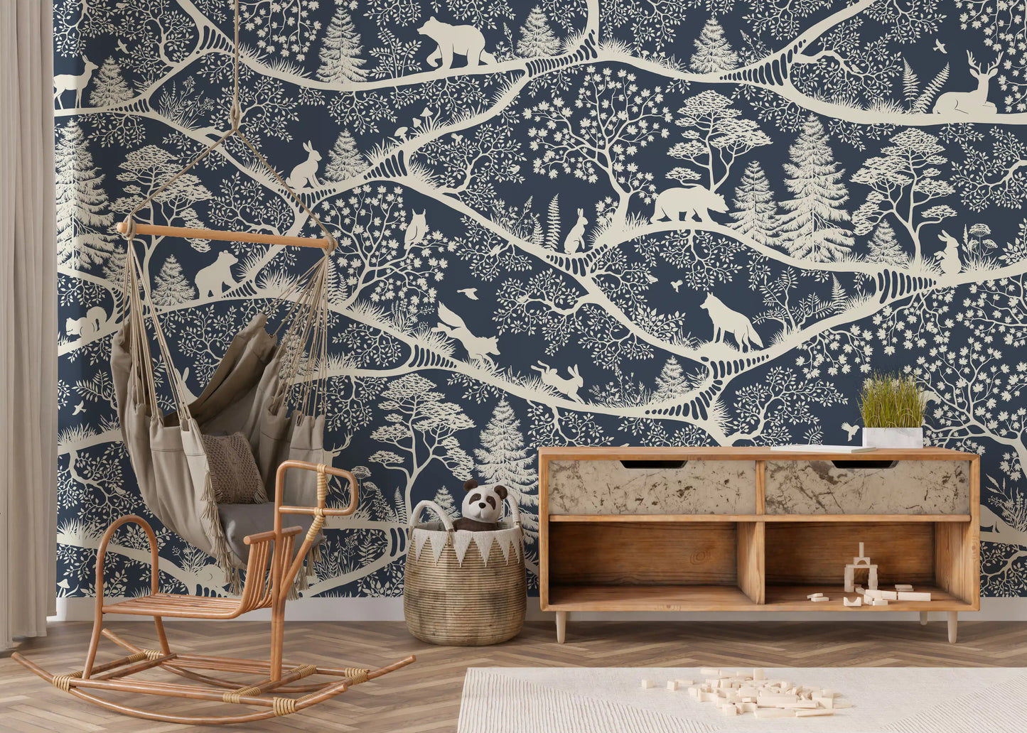 Nordic forest wildlife wall mural blue white hallway interior style