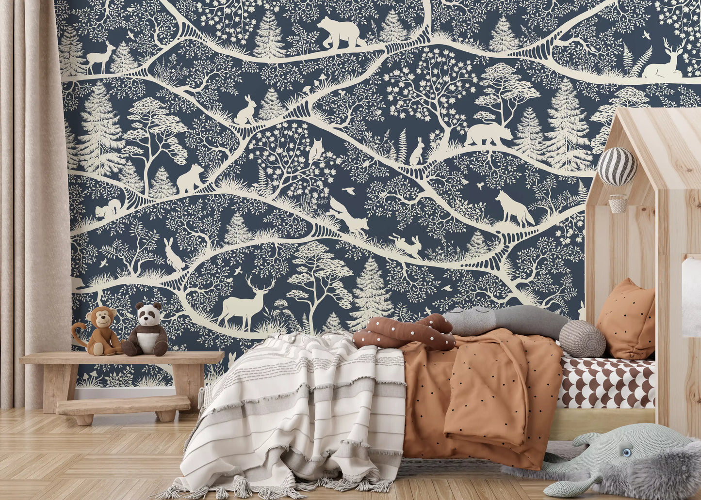 Scandinavian blue white woodland wall mural deer trees bedroom design