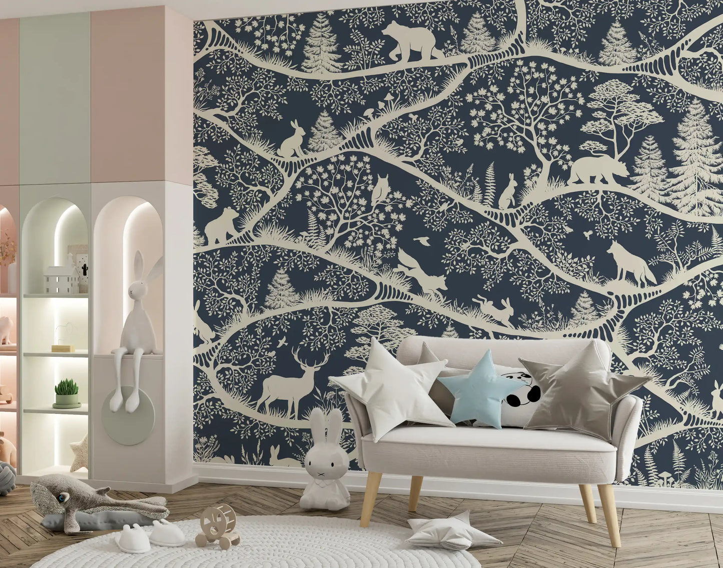 Blue white forest pattern wall mural Nordic wildlife artwork