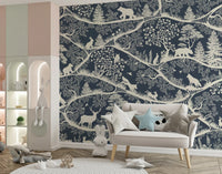 Blue white forest pattern wall mural Nordic wildlife artwork