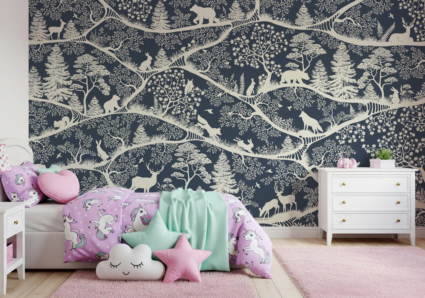 Scandinavian wildlife wall mural soft blue white forest design