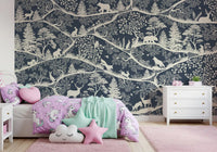 Scandinavian wildlife wall mural soft blue white forest design