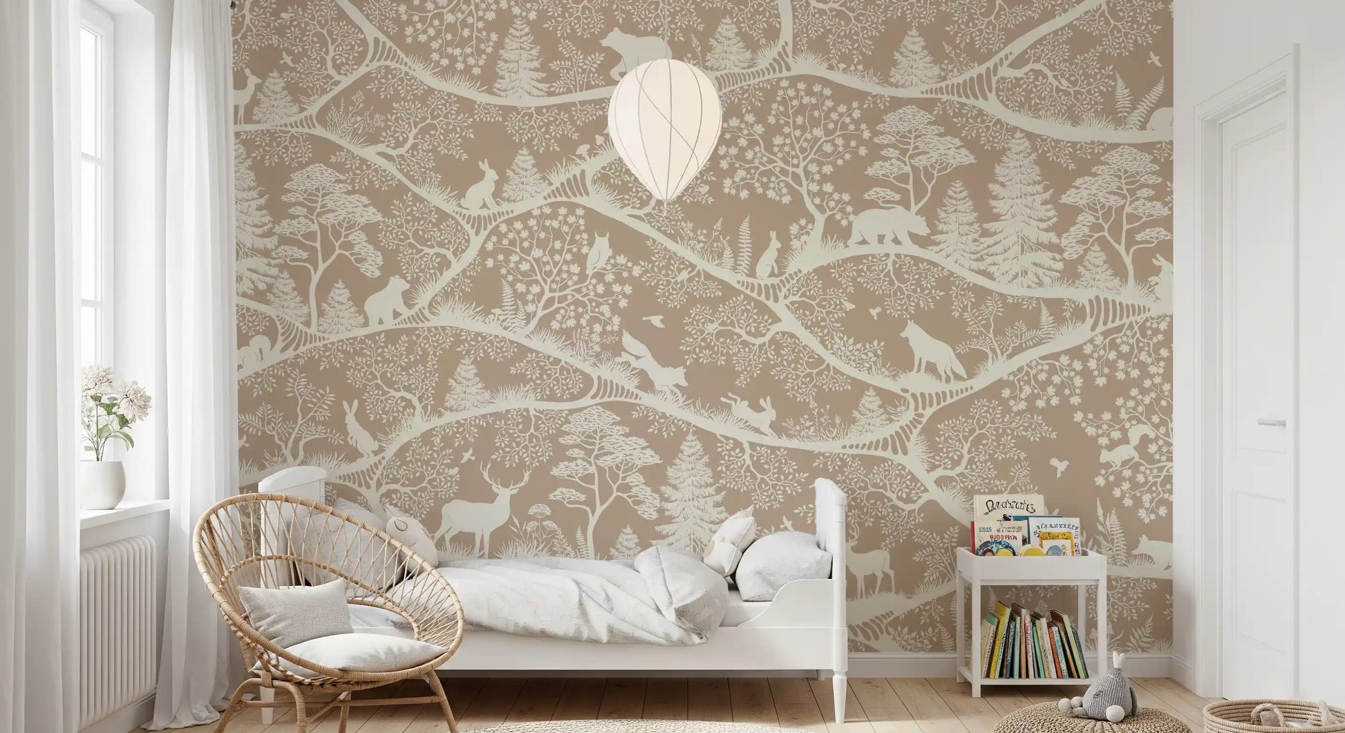 Scandinavian woodland wall mural brown white deer trees bedroom design
