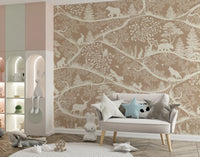 Brown white forest pattern wall mural Scandinavian wildlife artwork