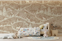 Rustic Nordic woodland wall mural soft brown white animal illustration