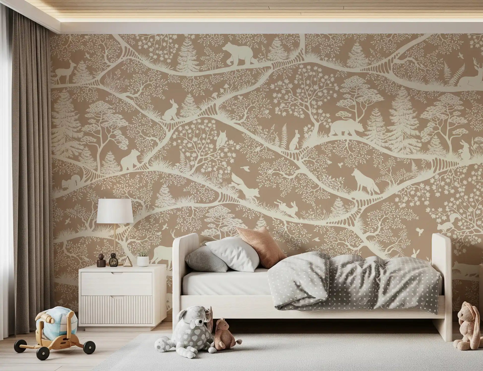 Minimal forest animals wall mural brown white Nordic wildlife pattern