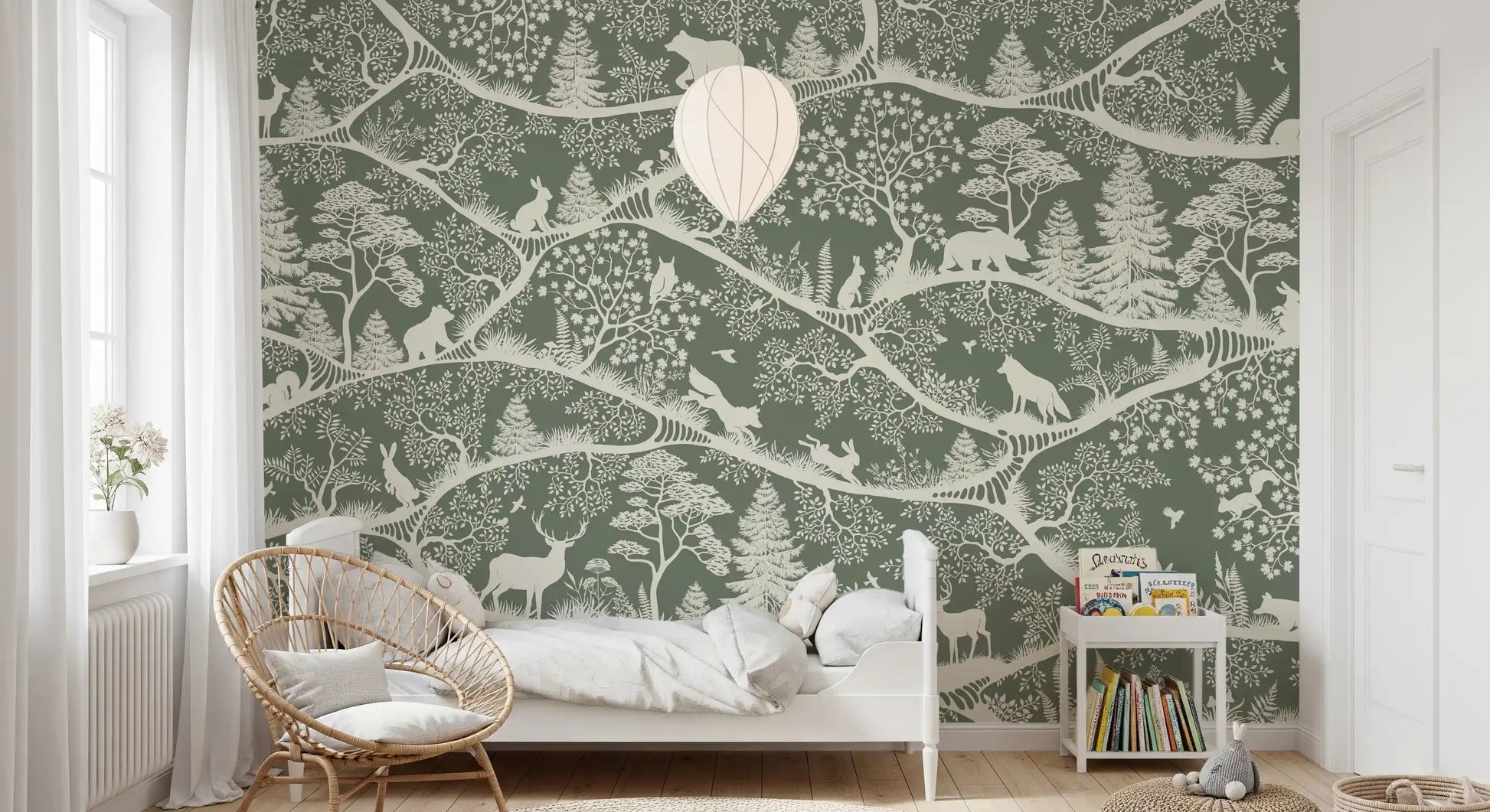 Scandinavian trees animals mural green forest design wall mural