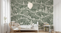 Scandinavian trees animals mural green forest design wall mural