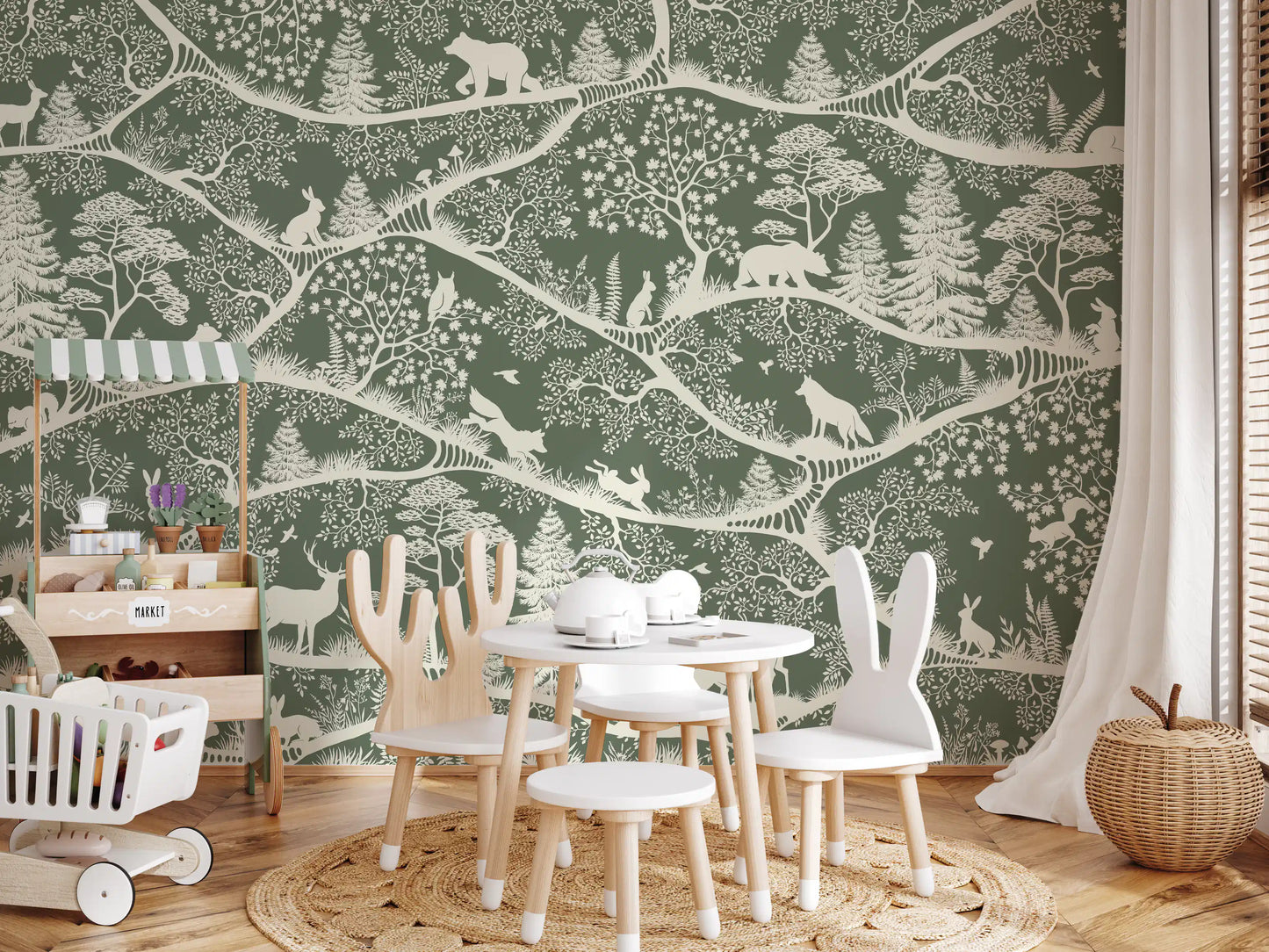 Nordic forest scene wildlife trees green wall mural