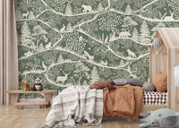 Nordic wildlife trees mural kids room green forest wall mural
