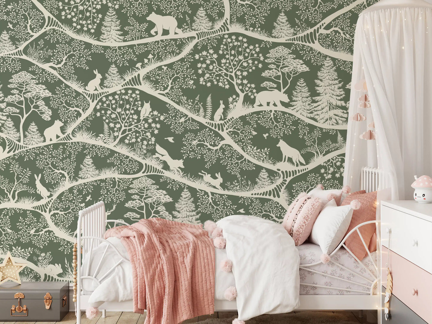 Nordic woodland pattern mural animals branches green wall mural