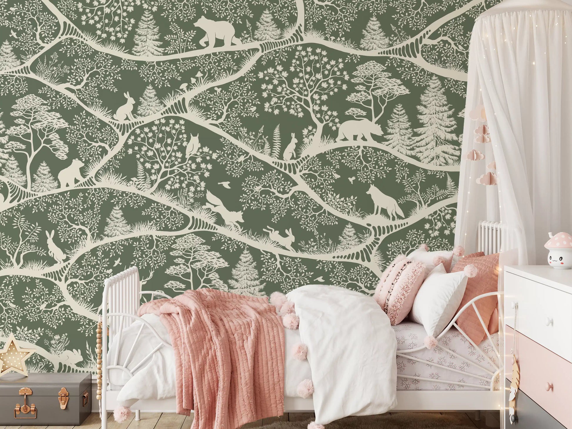 Nordic woodland pattern mural animals branches green wall mural