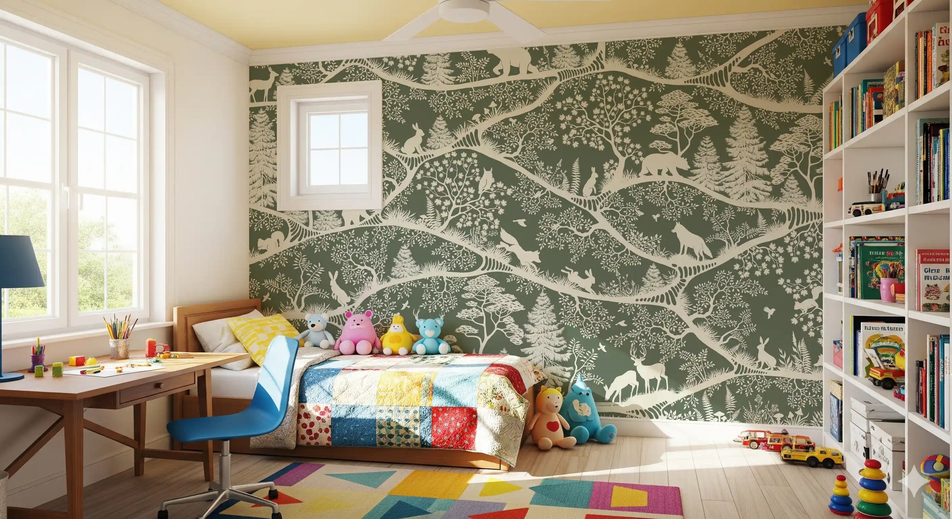 Nature wildlife illustration mural nordic green white wall mural