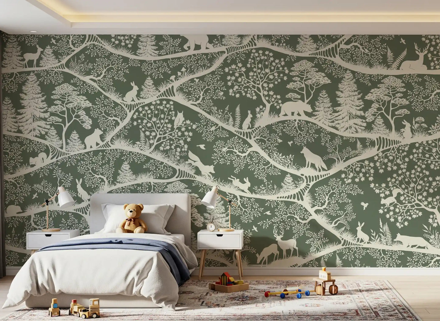 Forest animal silhouette mural nordic woodland green wall mural