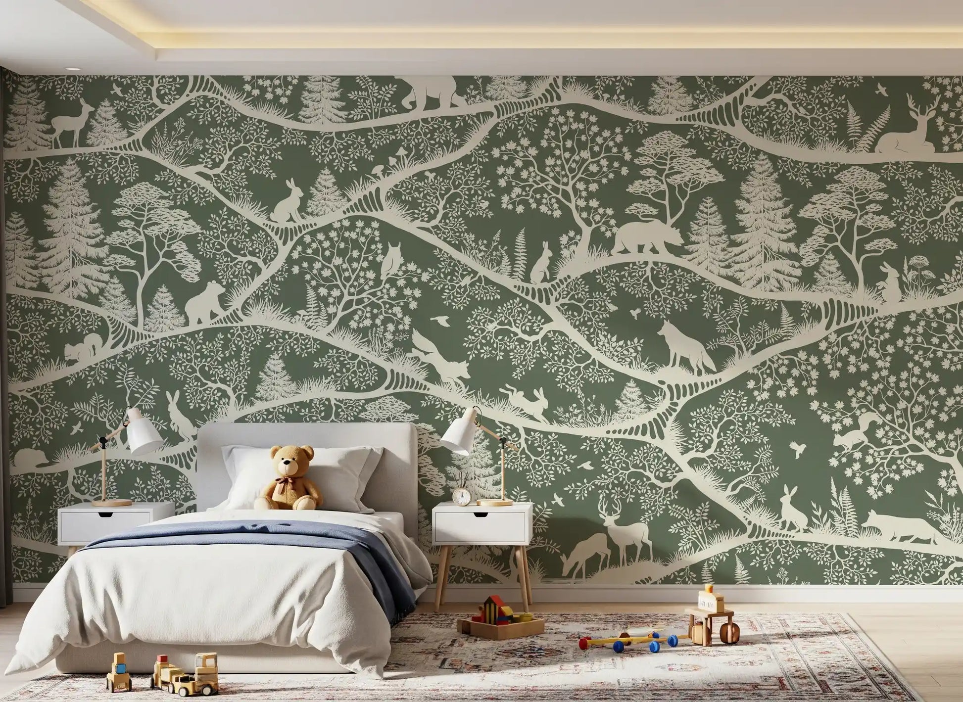 Forest animal silhouette mural nordic woodland green wall mural