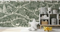 Forest animals pattern mural nursery room green white wall mural