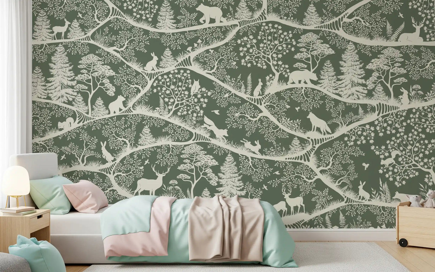 Scandinavian forest mural deer rabbit trees green wall mural