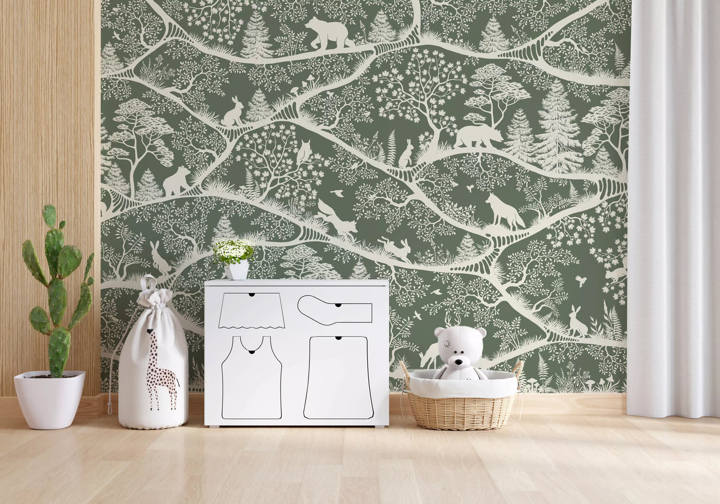 Scandinavian woodland design mural play room green wall mural