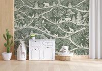 Scandinavian woodland design mural play room green wall mural