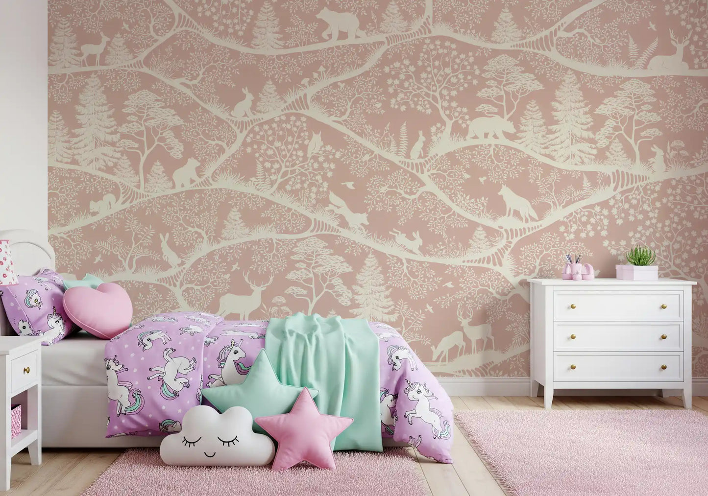 Scandinavian trees animals mural pink forest design wall mural