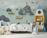 Coastal ocean scene mural boats lighthouse seabirds wall mural