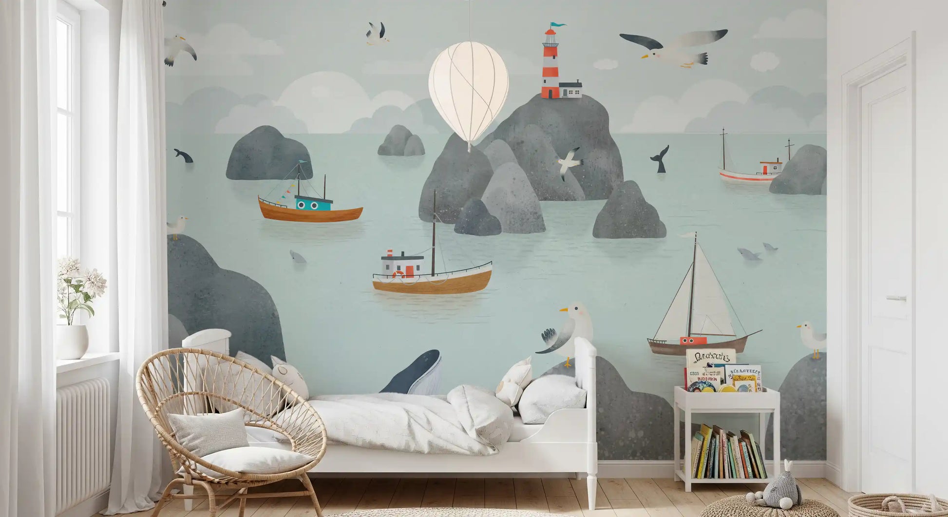 Seaside boats lighthouse mural kids room ocean scene wall mural