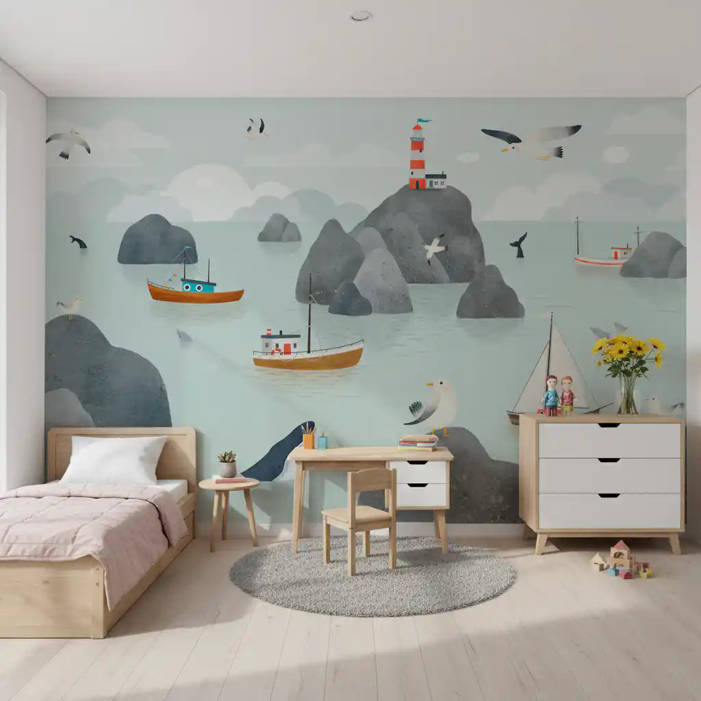Ocean illustration lighthouse mural bedroom seaside story wall mural