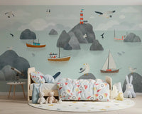 Harbor story illustration mural seaside boats and rocks wall mural
